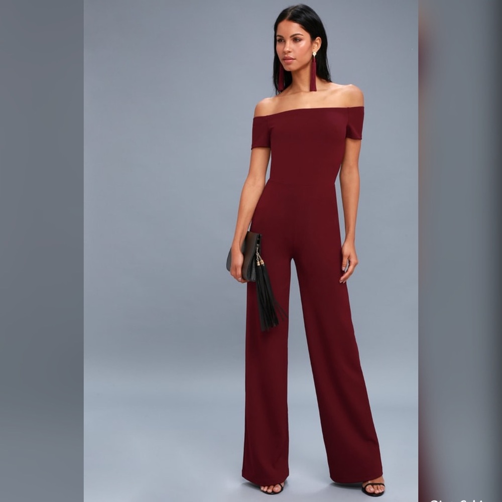Lulu’s burgundy off the shoulder jumpsuit